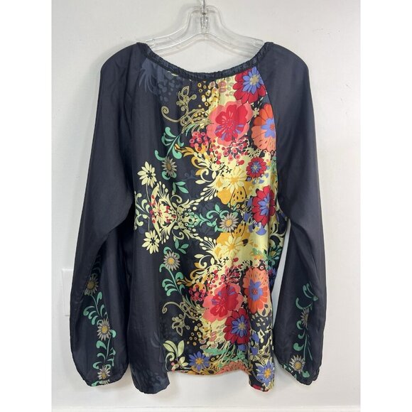 Johnny Was Women’s Floral Silk Top Long Sleeve Tasseled Tie Front Boho Small - Picture 2 of 9